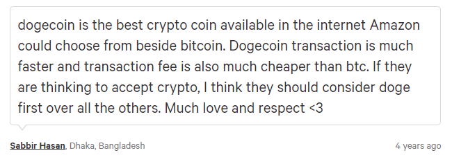 Sabbir Hasan comment about Dogecoin.Source: Change.org.