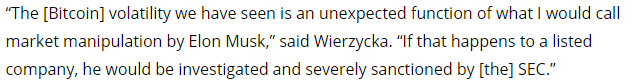 Wierzycka accuses musk of manipulating Bitcoin. Source: Cointelegraph.